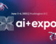 A promotional graphic for the AI Expo, featuring a stylized logo with an intricate geometric design. The background transitions from blue to red, with binary code patterns. Text includes the event date, June 2-4, 2025, and location, Washington D.C., alongside the event name "ai+expo." A robotic hand is depicted reaching towards a human hand, symbolizing the interaction between humans and technology.