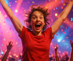 A young woman with curly brown hair leaps joyfully at a concert, her arms raised high and mouth open in an ecstatic smile. She wears a bright red shirt and is surrounded by a cheering crowd, confetti falling through the air, and colorful stage lights illuminating the energetic scene.