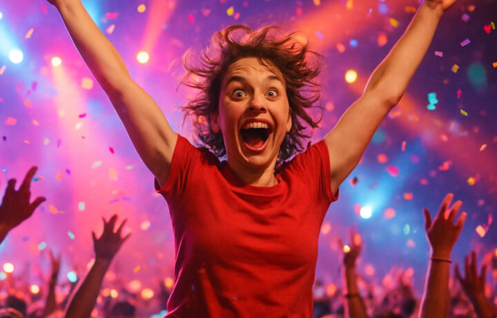 A young woman with curly brown hair leaps joyfully at a concert, her arms raised high and mouth open in an ecstatic smile. She wears a bright red shirt and is surrounded by a cheering crowd, confetti falling through the air, and colorful stage lights illuminating the energetic scene.