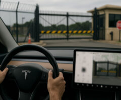 iew from inside a Tesla with hands on the steering wheel, approaching a secure government facility gate with barbed-wire fencing, a guardhouse, and a stop sign visible through the windshield.