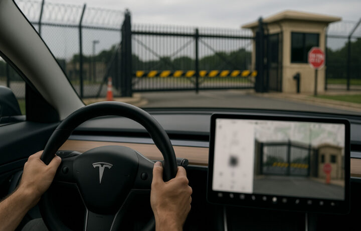 iew from inside a Tesla with hands on the steering wheel, approaching a secure government facility gate with barbed-wire fencing, a guardhouse, and a stop sign visible through the windshield.