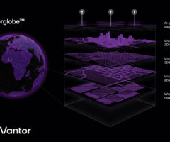 A digital globe labeled "Tensorglobe™" on the left, showing a purple and black wireframe map of Earth. To the right, a layered 3D schematic illustrates different data layers: AI-powered insights, Vivid™ Features (2D & 3D vectors), Vivid™ Terrain (3D basemaps), Vivid™ Mosaic (2D basemaps), and WorldView™ tasking suite. The Vantor logo is at the bottom left. The design uses purple lines and shapes on a black background.