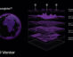 A digital globe labeled "Tensorglobe™" on the left, showing a purple and black wireframe map of Earth. To the right, a layered 3D schematic illustrates different data layers: AI-powered insights, Vivid™ Features (2D & 3D vectors), Vivid™ Terrain (3D basemaps), Vivid™ Mosaic (2D basemaps), and WorldView™ tasking suite. The Vantor logo is at the bottom left. The design uses purple lines and shapes on a black background.
