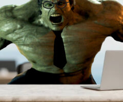 A muscular green Hulk character wearing black glasses and a black necktie, sitting behind a desk with a laptop in a blurred office background.