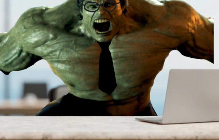 A muscular green Hulk character wearing black glasses and a black necktie, sitting behind a desk with a laptop in a blurred office background.